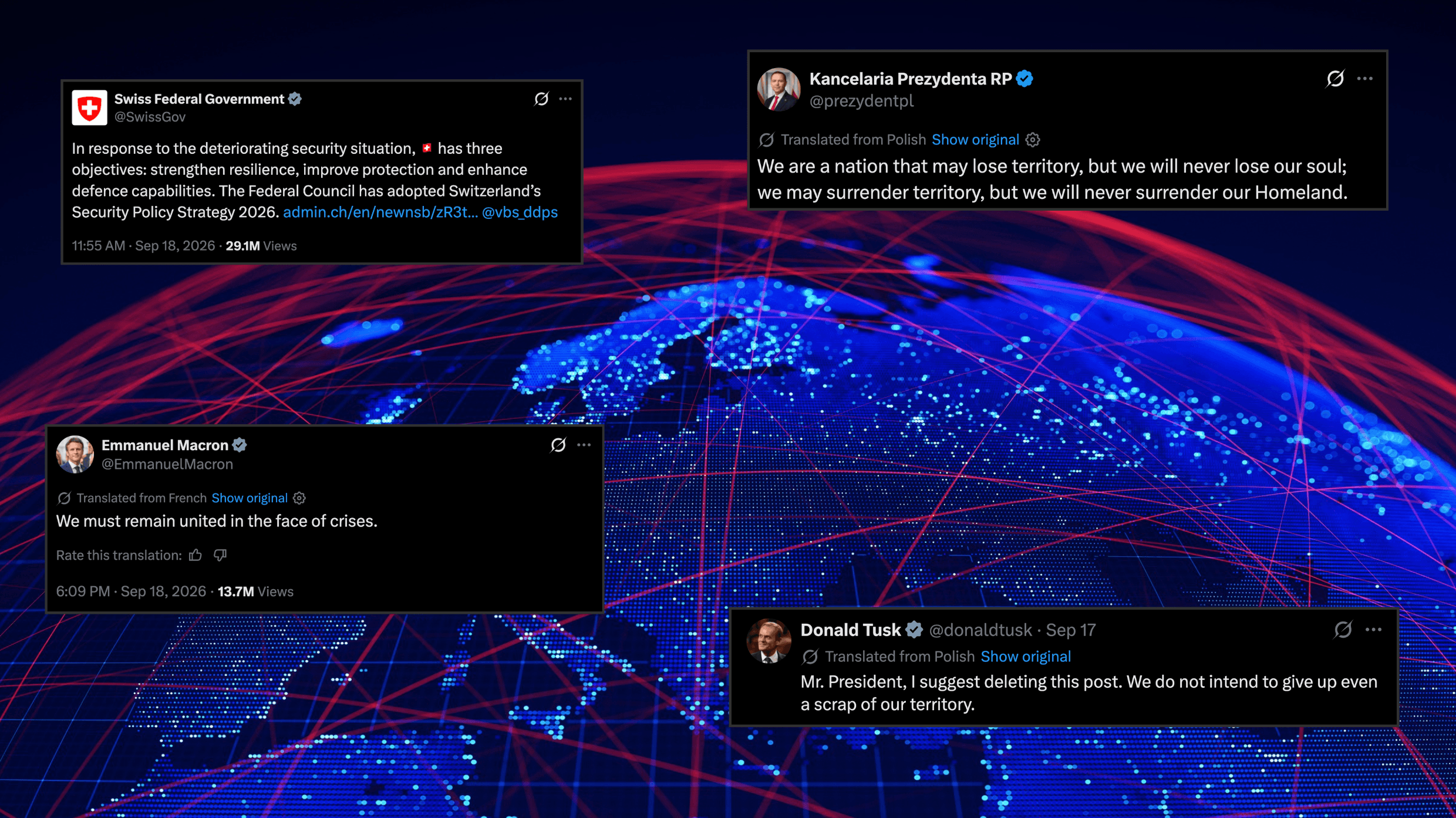 Digital globe over Europe with social media posts from European government officials warning of a deteriorating security situation