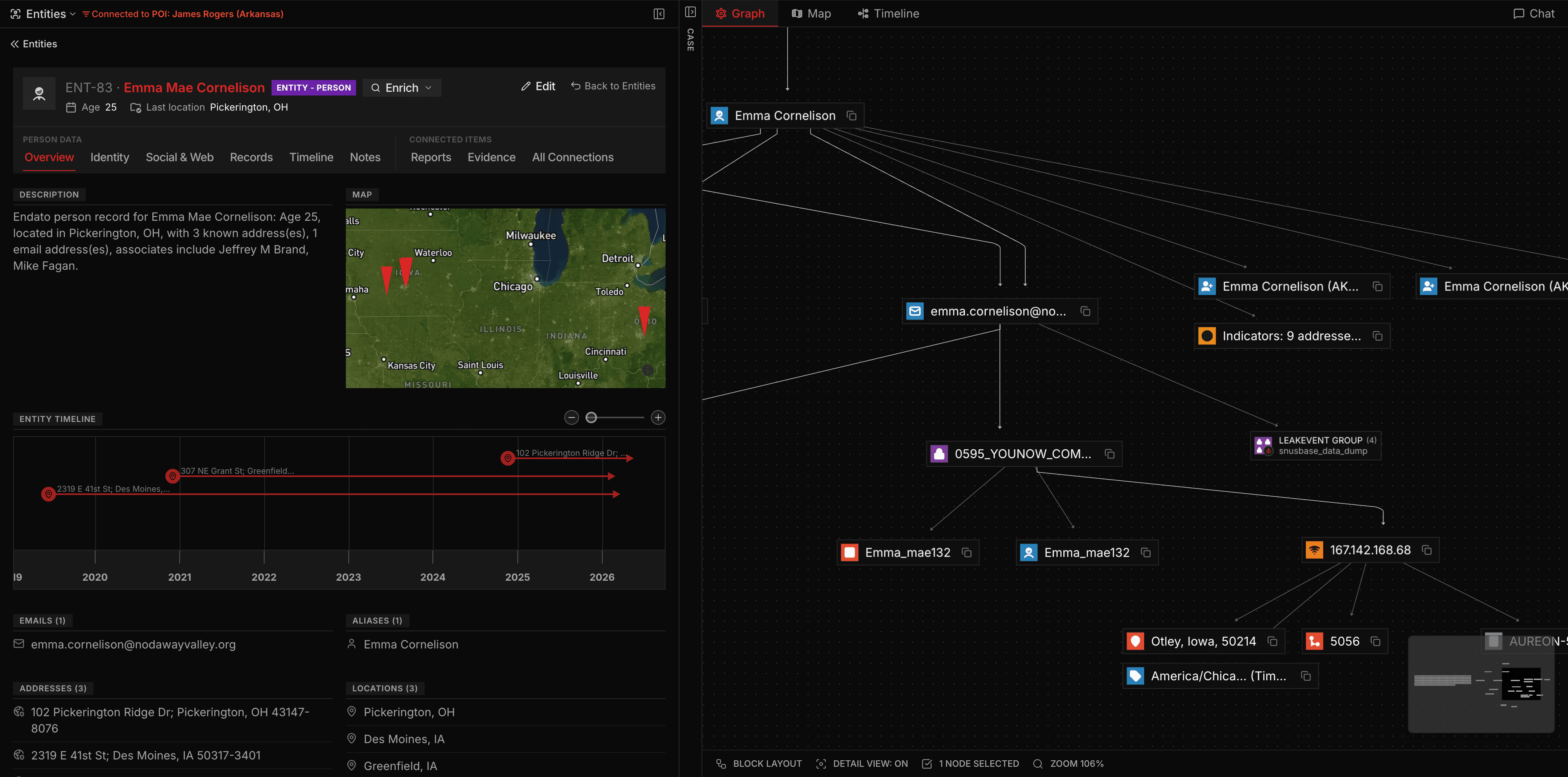 Intrace investigation view showing entity profile and connection graph