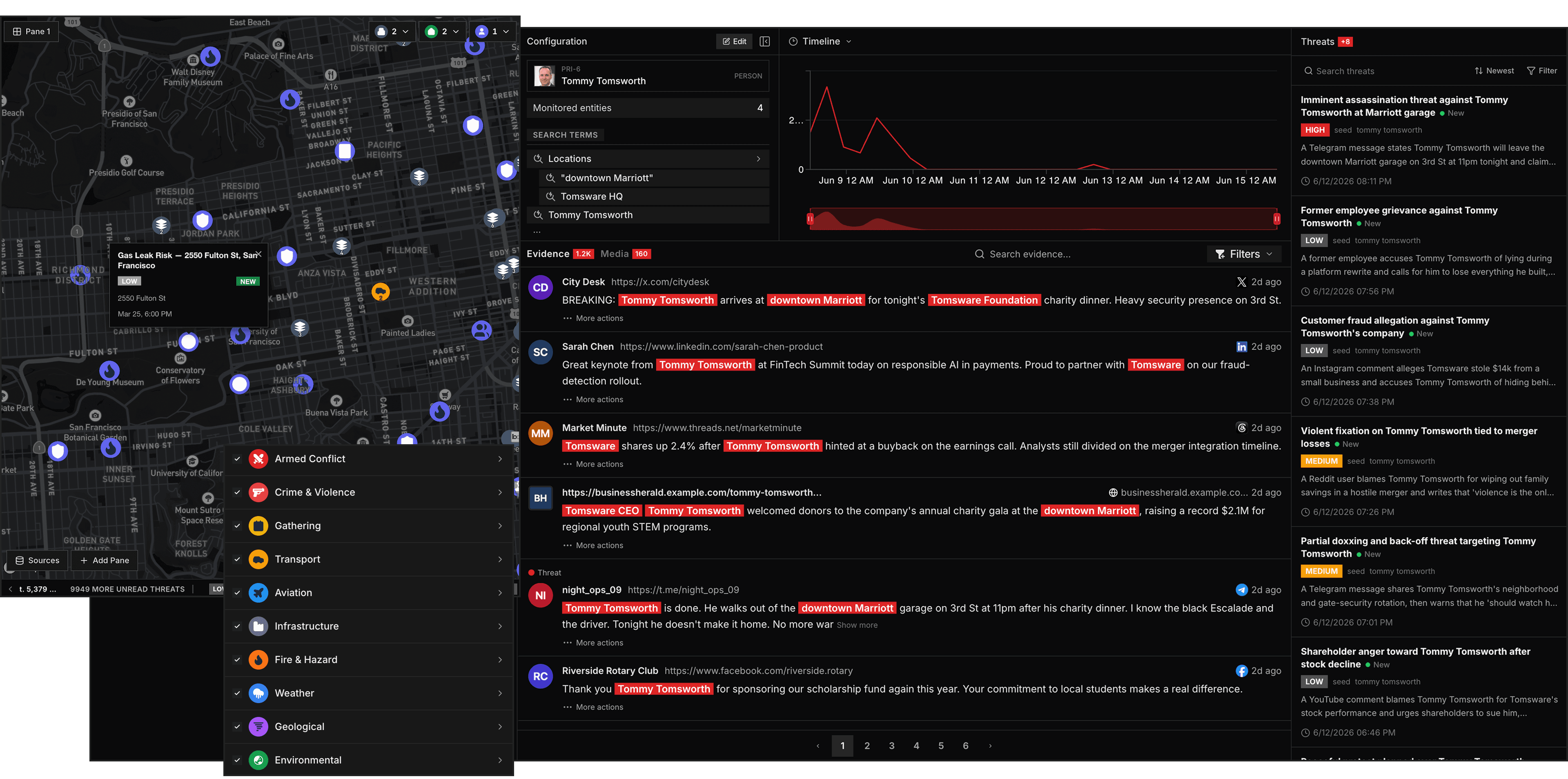 Intrace risk intelligence dashboard showing incidents, evidence, and threat intelligence